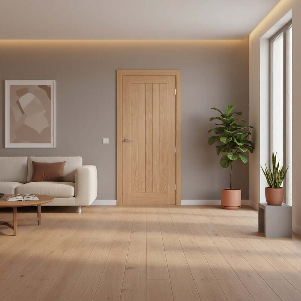Lifestyle Belize unfinished oak FD30 fire internal door installed in a room setting