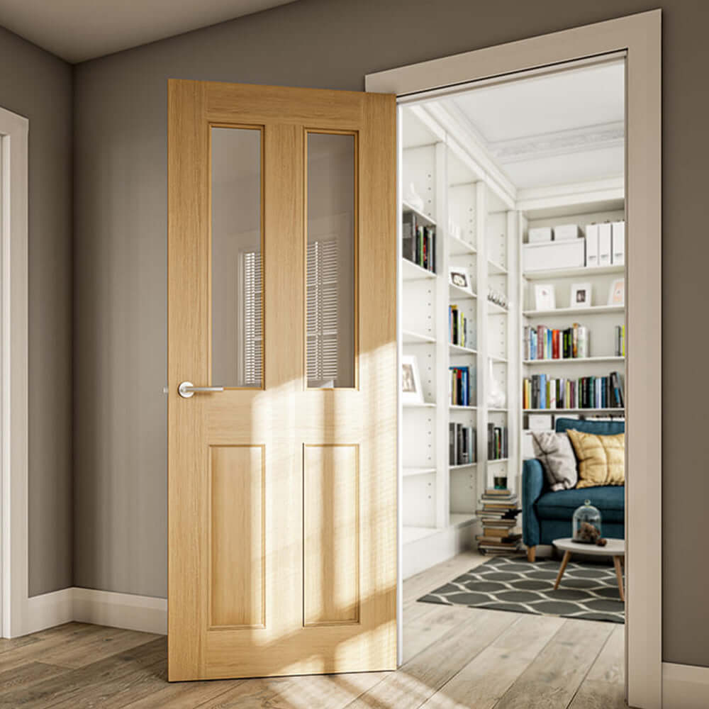 Lifestyle Bury Victorian prefinished glazed oak 4 panel door in room