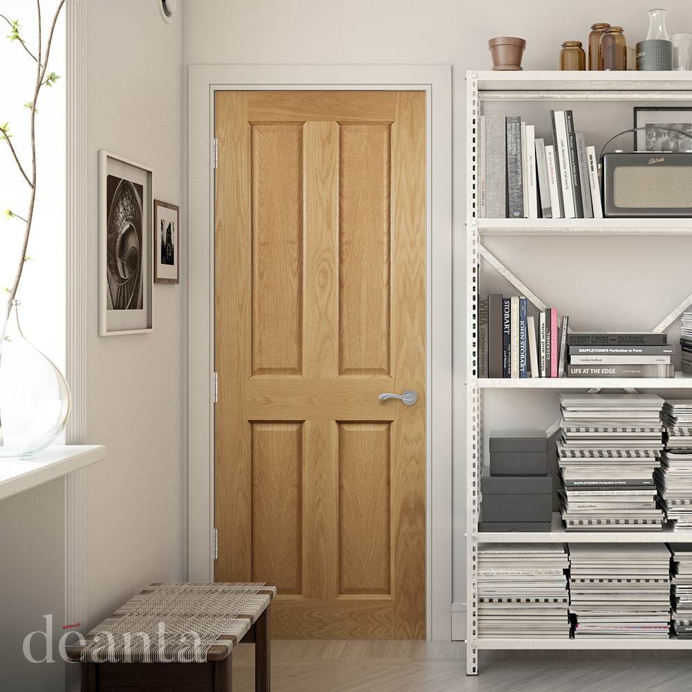 Wooden door in a room with a bookshelf and decor items.