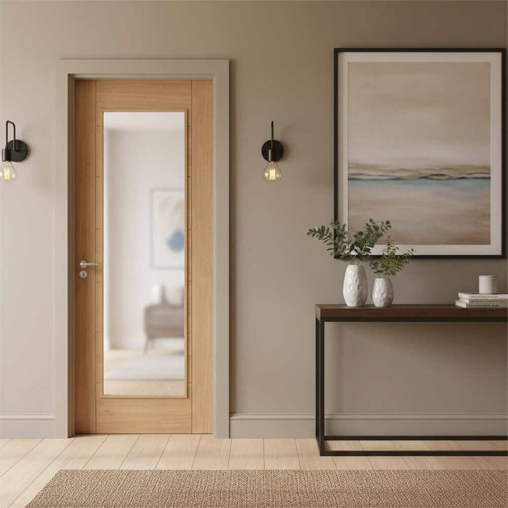 Lifestyle Carini 1 light clear glazed oak door installed in a room setting