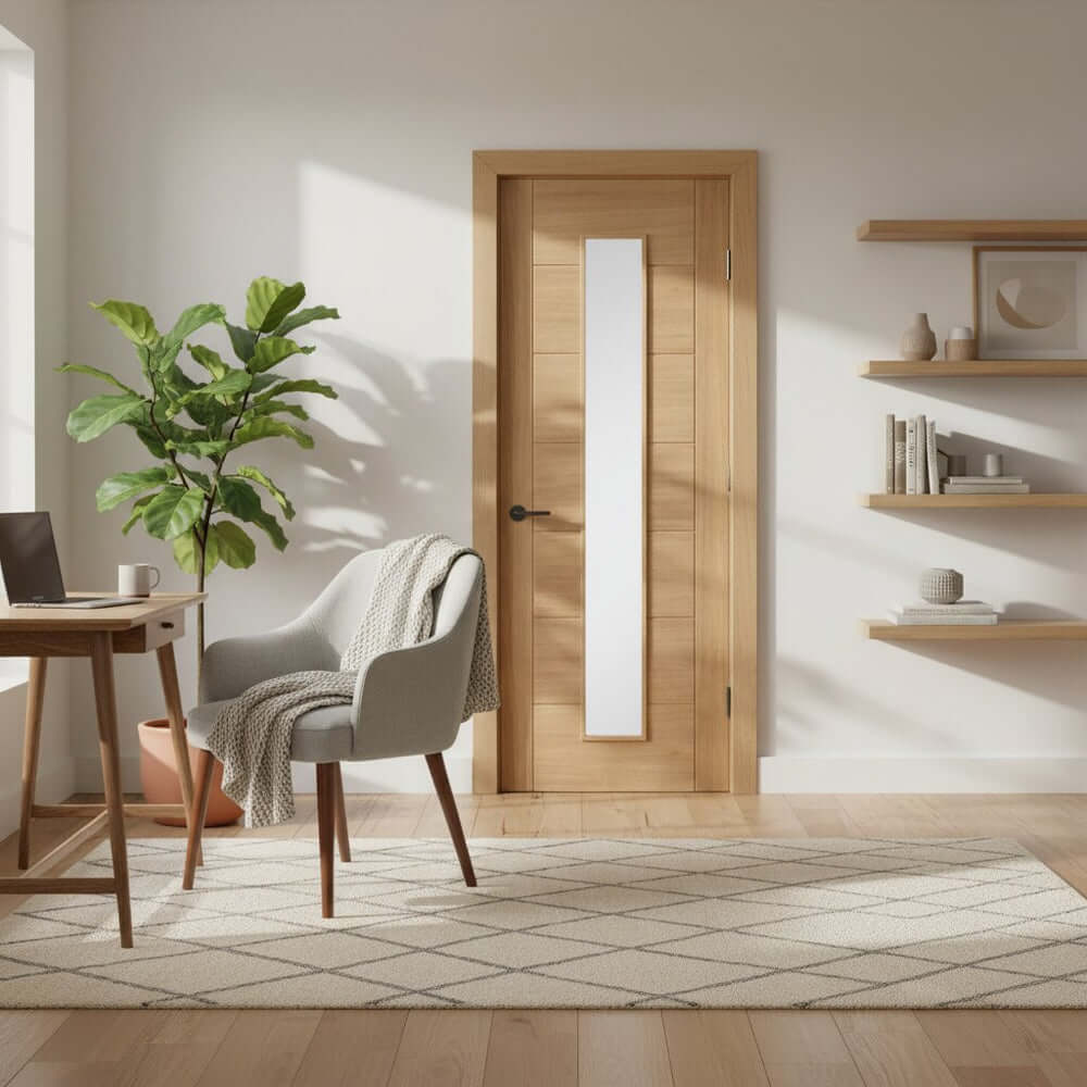 Lifestyle Carini clear long light prefinished oak door installed in a room setting