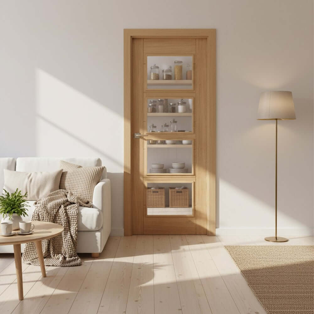 Lifestyle Carini prefinished 4 light clear glazed oak door installed in a room setting