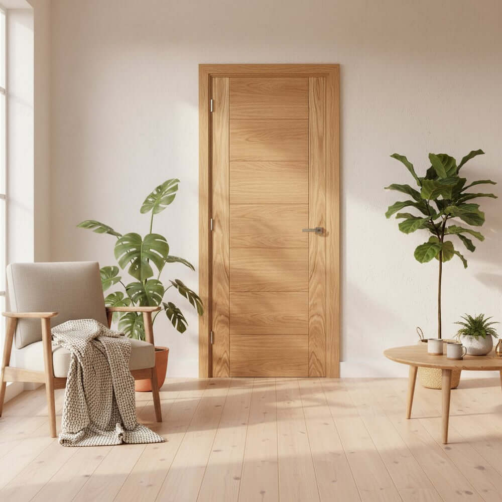 Lifestyle Carini prefinished oak FD30 internal fire door installed in a room setting