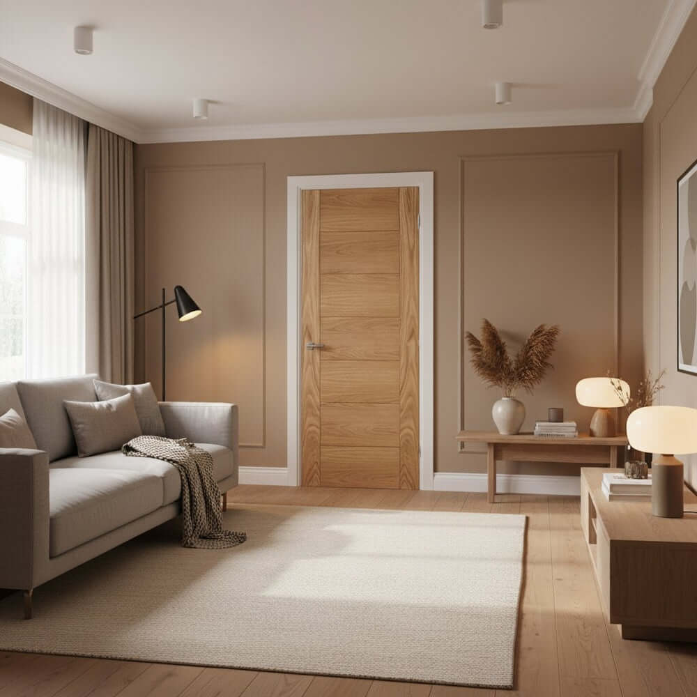 Lifestyle Carini unfinished oak internal door installed in a room setting