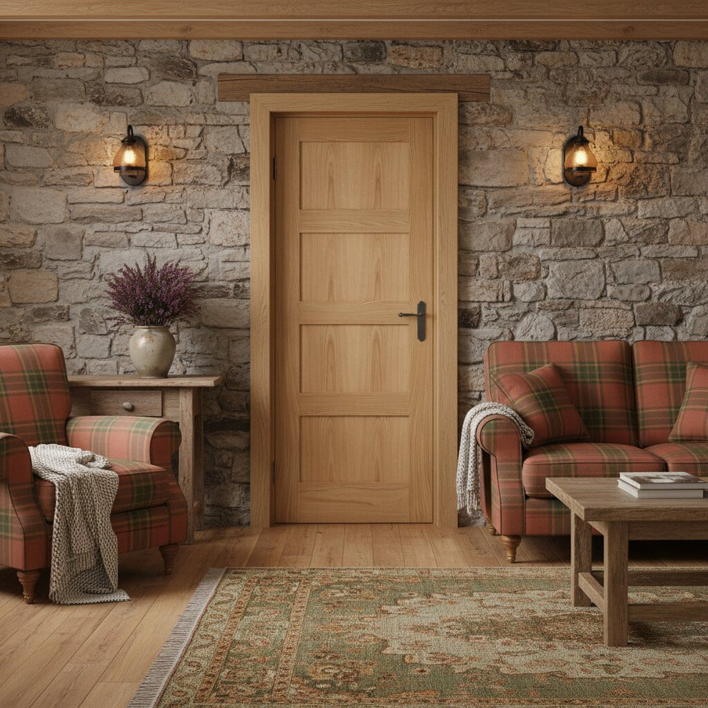 Lifestyle contemporary 4 panel shaker prefinished oak door in room