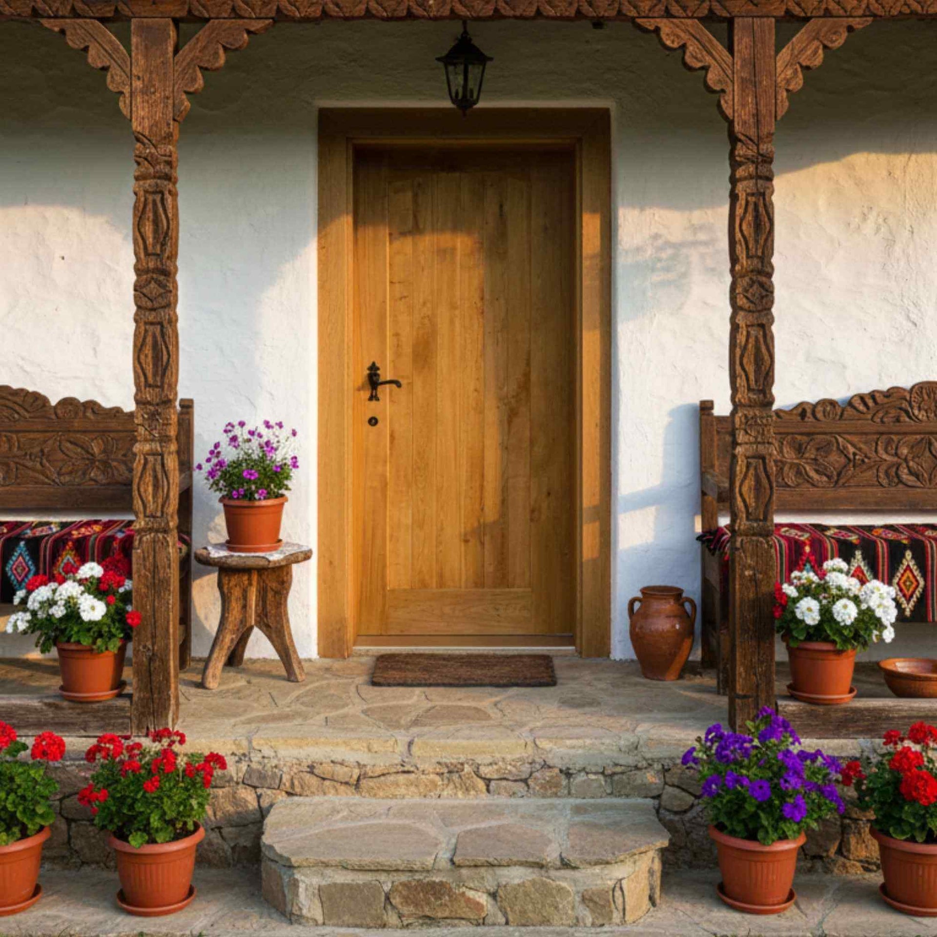 Wooden door with decorative carvings and potted plants on a stone porch.
