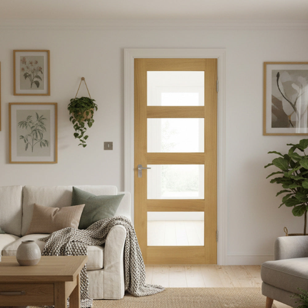 Coventry oak 4 panel glazed door in living room lifestyle setting image