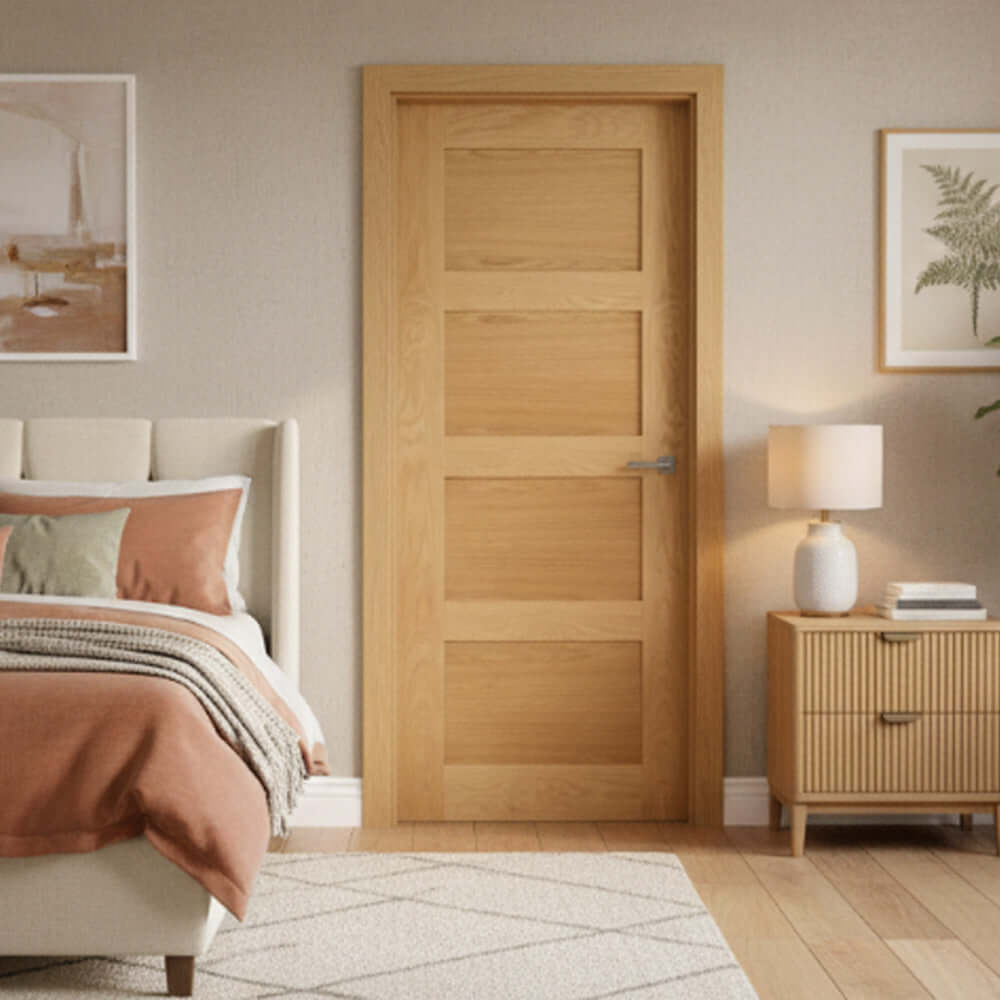 Lifestyle Coventry four panel shaker style oak door in room