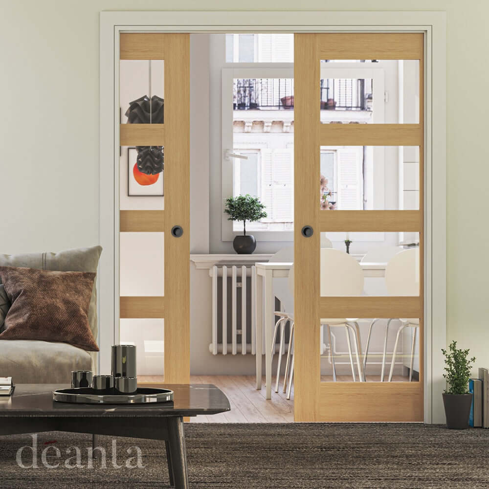Lifestyle Coventry prefinished four panel clear glazed shaker door installed in a room setting