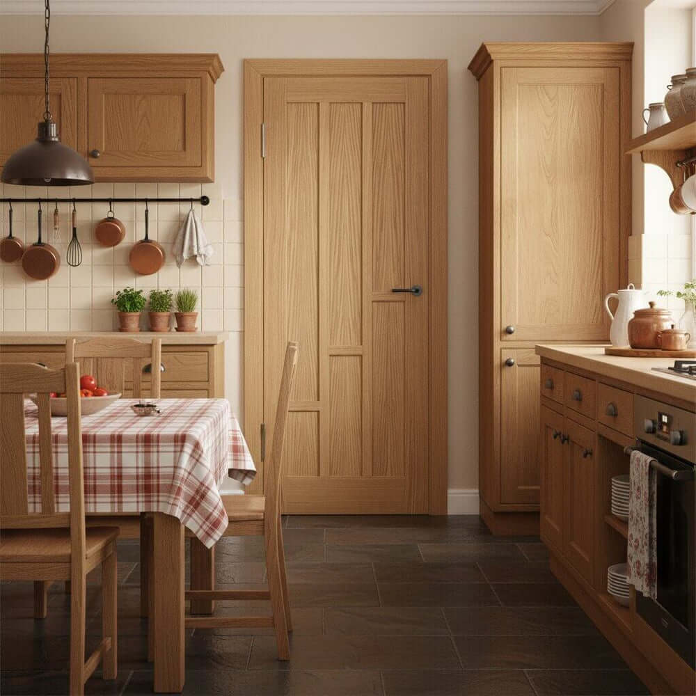 Lifestyle Coventry prefinished oak 6 panel FD30 internal fire door installed in a room setting