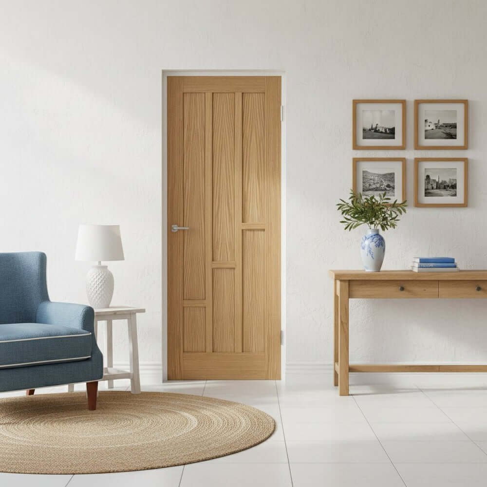 Lifestyle Coventry prefinished oak 6 panel internal door installed in a room setting