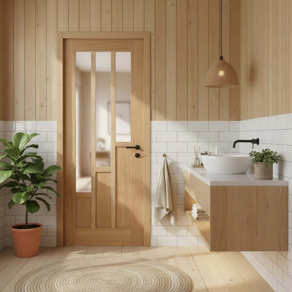 Lifestyle Coventry prefinished oak clear glazed 6 panel internal door installed in a room setting