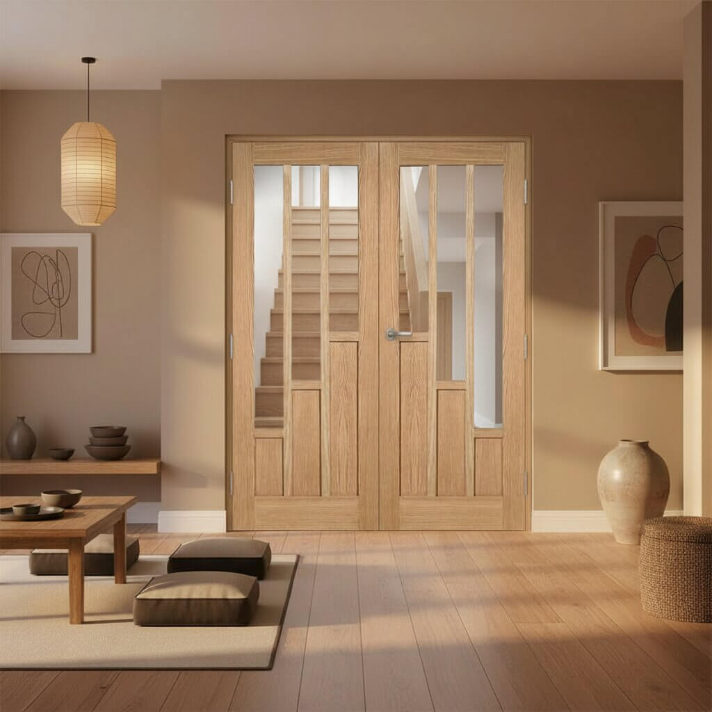 oak prefinished coventry vertical 3 glass panel interior door with glass panels in a modern room setting.