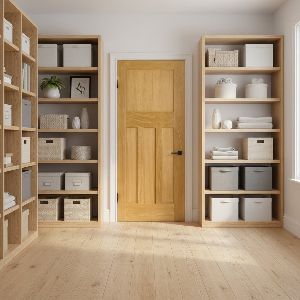 Modern interior with wooden bookshelves and a closed door.