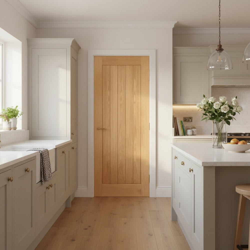 Lifestyle Deanta Ely prefinished oak FD60 fire door installed in a room setting
