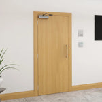 Lifestyle A light oak wood office or utility door with a silver vertical handle and door stopper, set in a white-walled hallway with a plant and wall outlets visible.