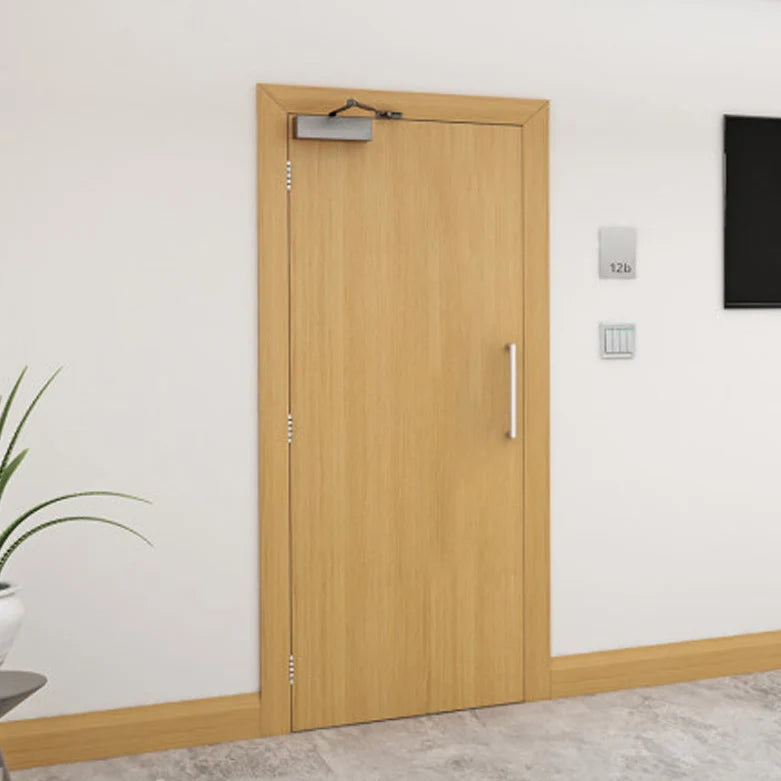 Lifestyle A light oak wood office or utility door with a silver vertical handle and door stopper, set in a white-walled hallway with a plant and wall outlets visible.