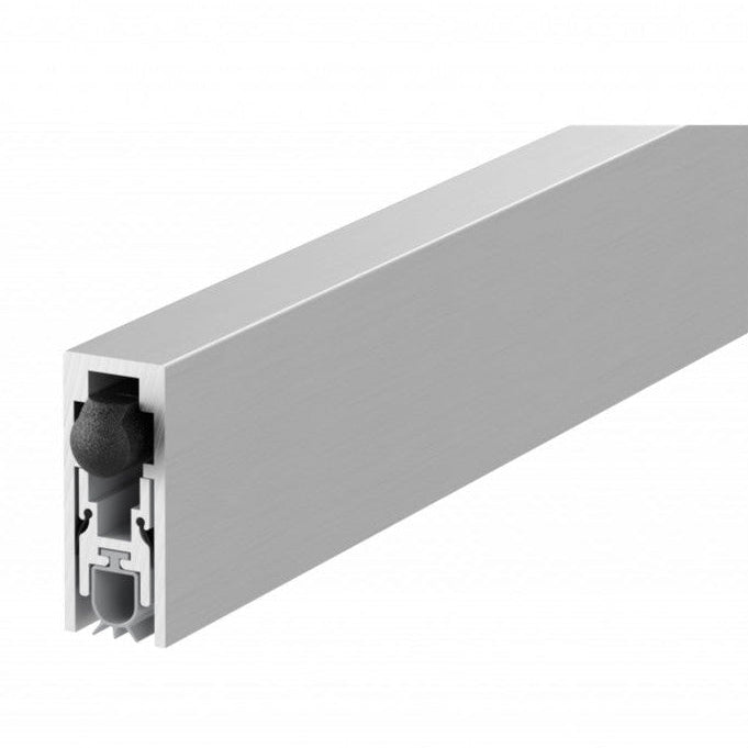 Product A silver aluminum extrusion profile with a black rubber gasket seal, shown from a cross-sectional perspective on a solid white background.