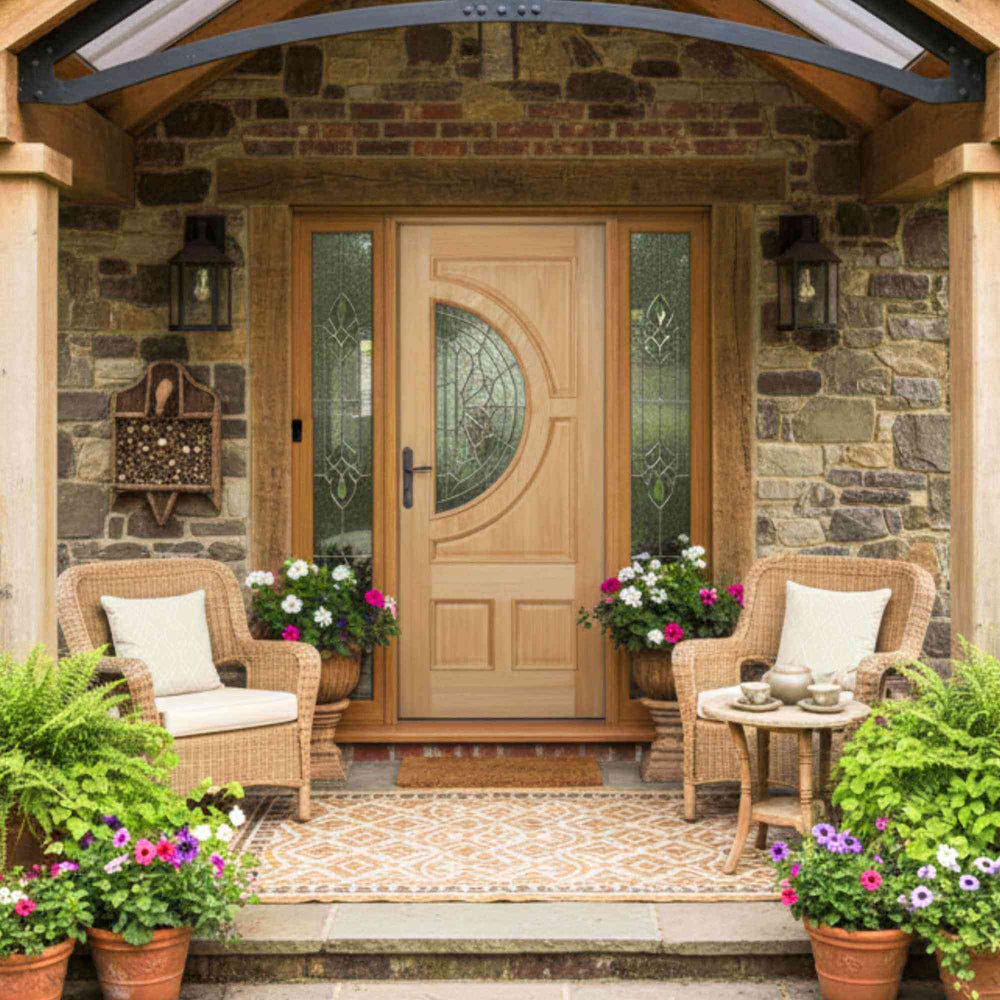 Lifestyle Empress oak glazed external door installed in a room setting