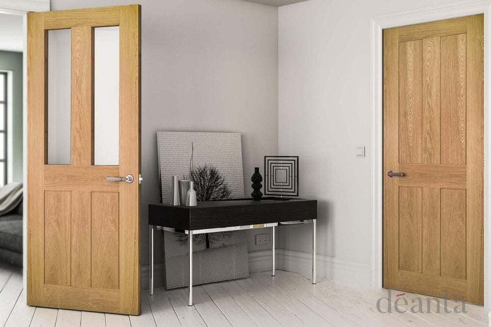 Lifestyle Eton unfinished four flat panel glazed oak door in hallway