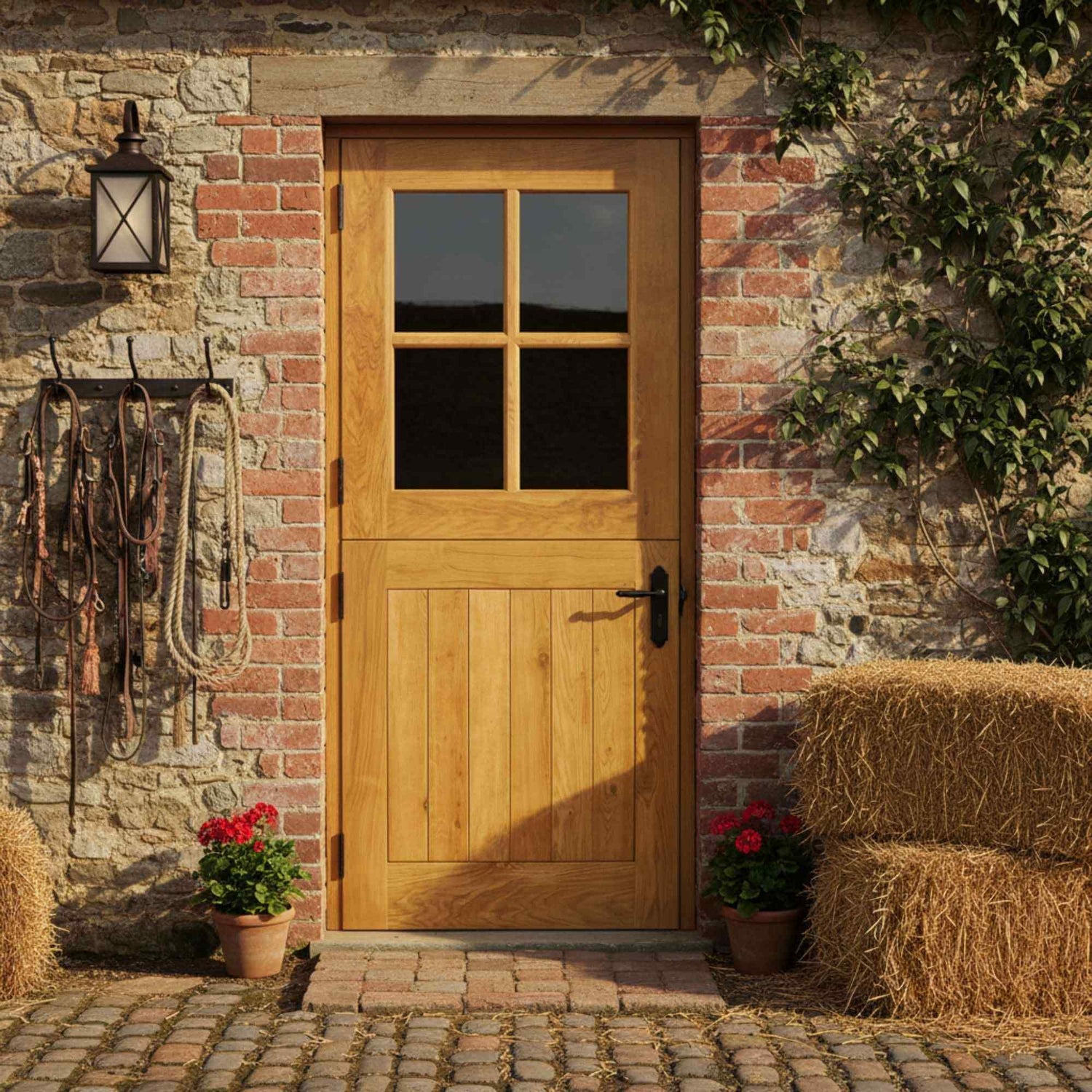 Wooden door on a brick wall with hay bales and plants in front