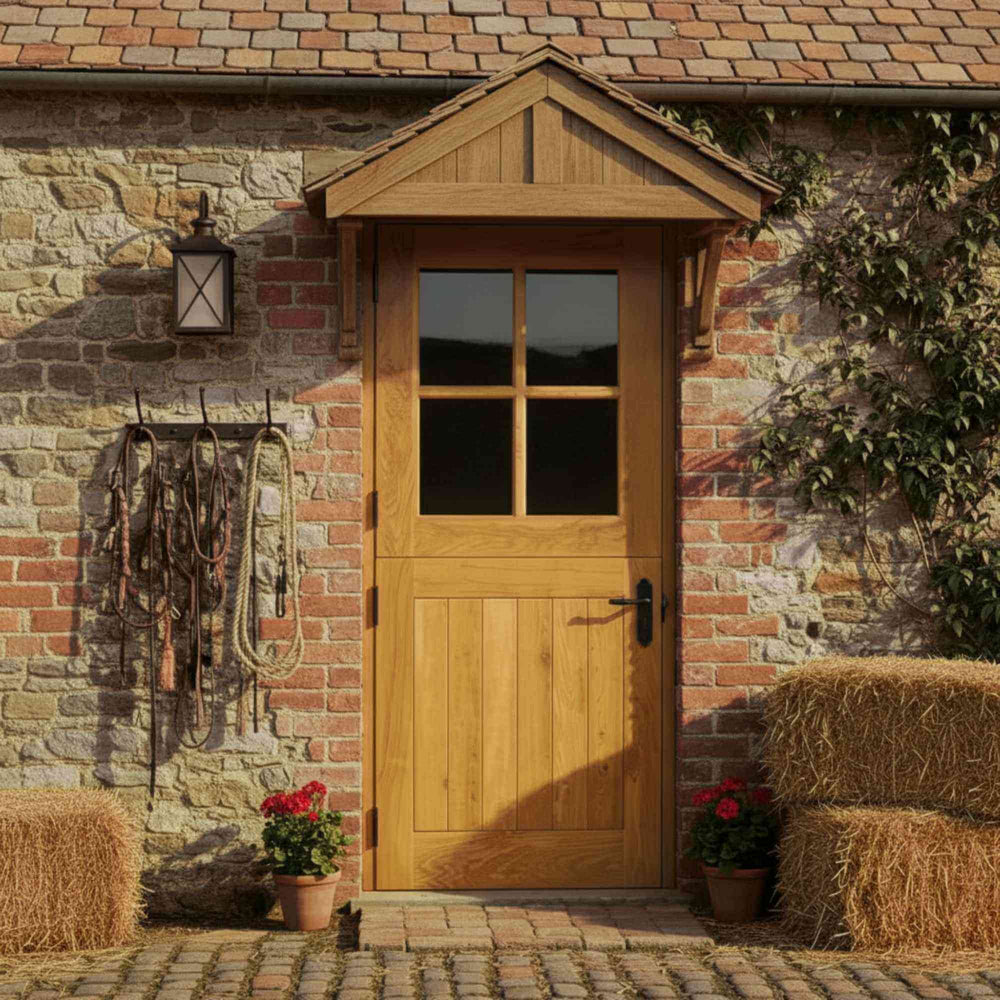 Lifestyle external four panel stable solid oak door installed in a room setting