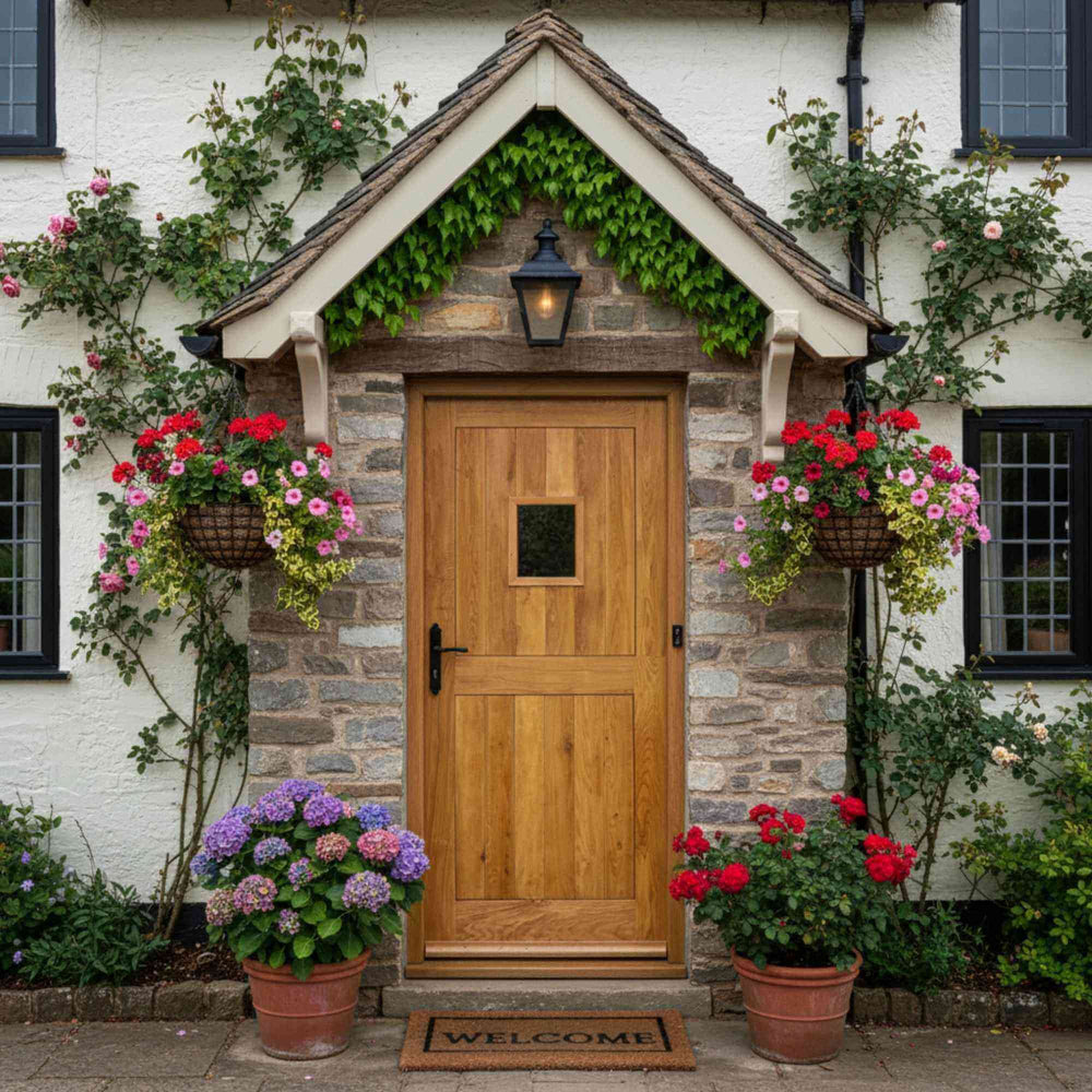 Lifestyle external cottage stable solid oak door installed in a room setting