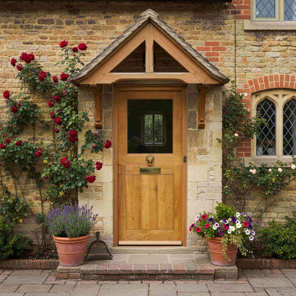 Lifestyle external French stable solid oak door installed in a room setting