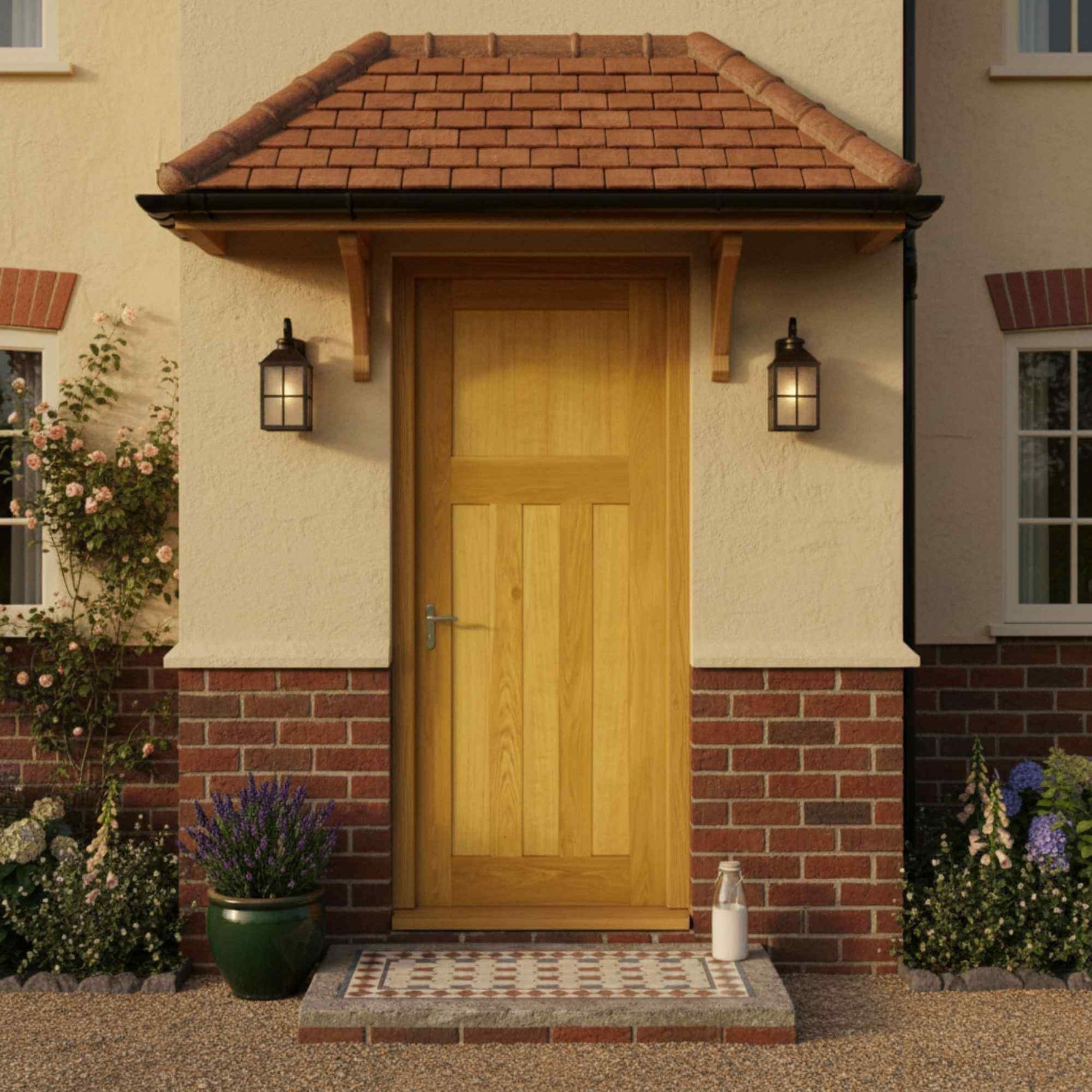 Wooden door with a brick and stone porch on a house exterior