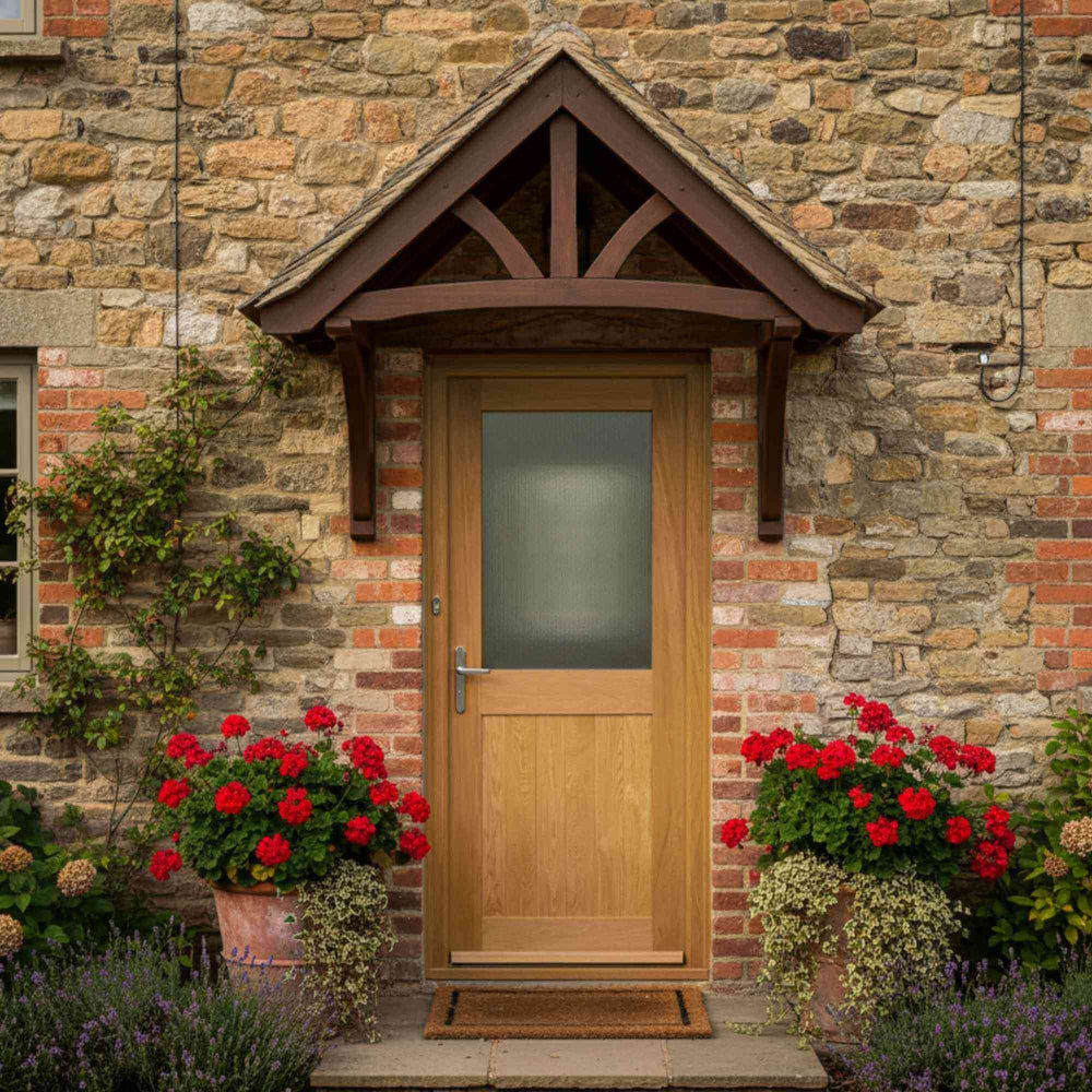 Lifestyle external prefinished two panel half unglazed solid oak door installed in a room setting