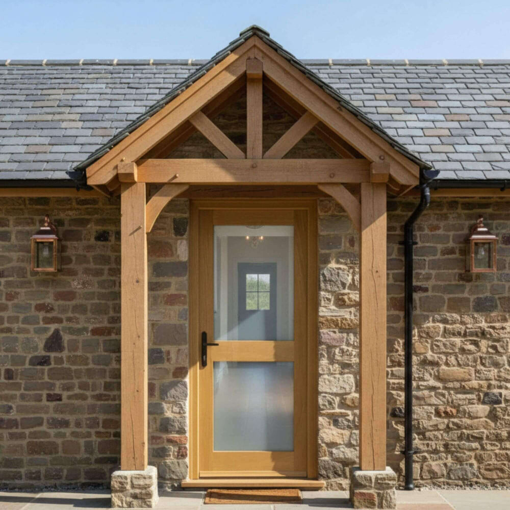 Lifestyle external prefinished two panel unglazed solid oak door installed in a room setting