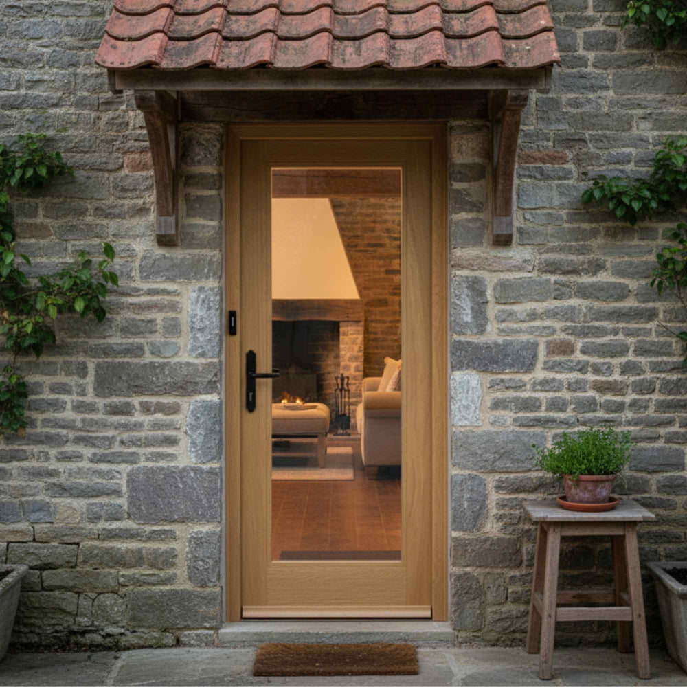 Lifestyle external prefinished Pattern 10 solid oak door installed in a room setting