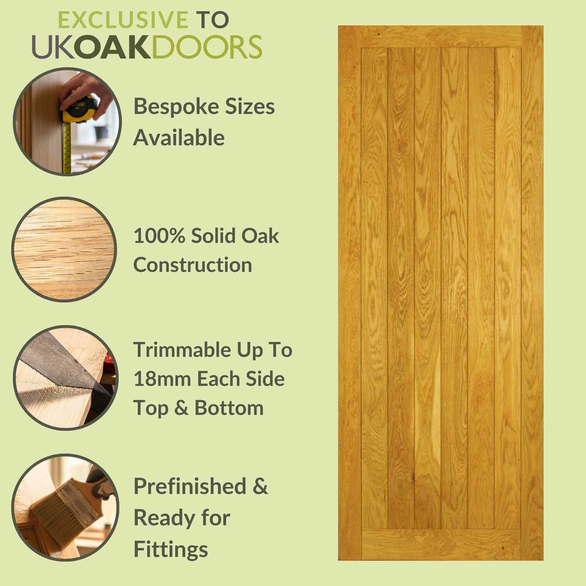 Wooden door with UK Oak Doors branding and specifications on a light green background
