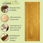 Wooden door with UK Oak Doors branding and specifications on a light green background