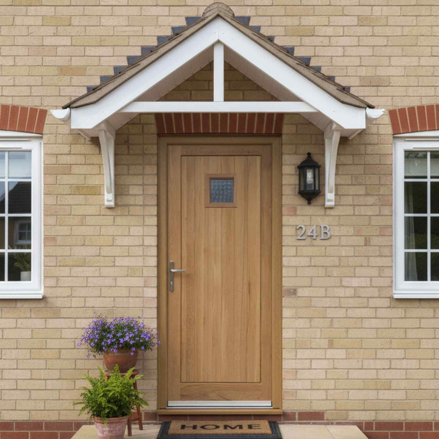 Wooden front door with house number 24B on a brick building
