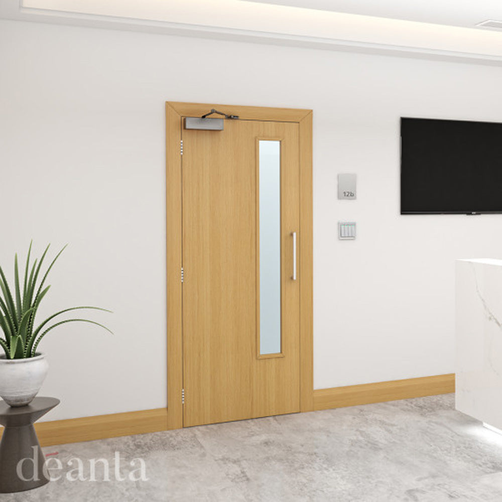Lifestyle flush prefinished oak glazed FD30 fire door installed
