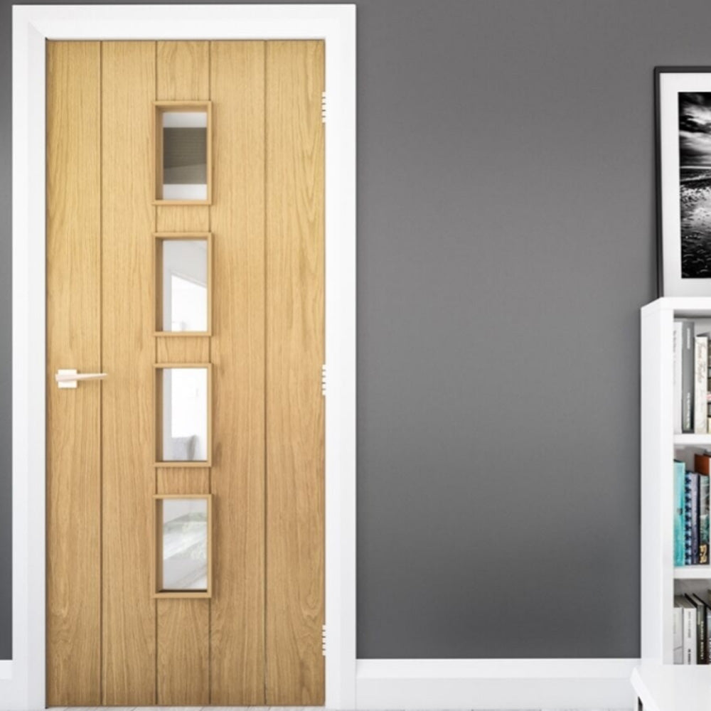Galway glazed vertical oak panel internal door in lifestyle setting