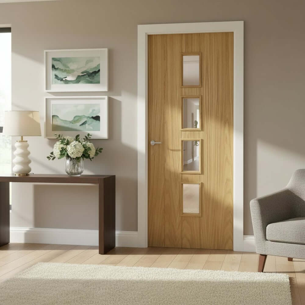 Lifestyle Galway glazed vertical panel oak fire door installed in a room setting