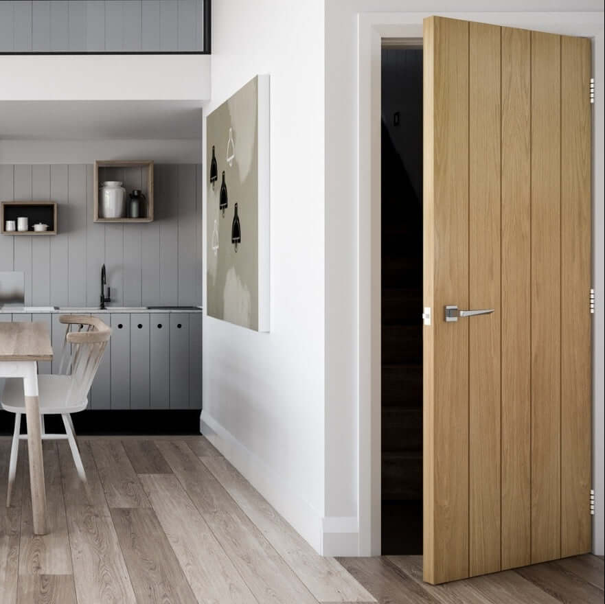 Lifestyle Galway vertical panel oak fire door installed