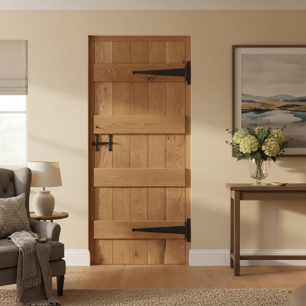 Lifestyle Grange four ledged rustic oak bead and butt door installed in a room setting