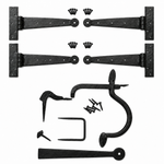 Product Set of black metal hinges and hardware components on a white background
