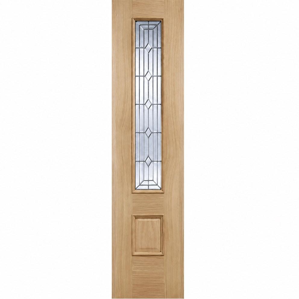 Product oak door with a glass panel on a white background