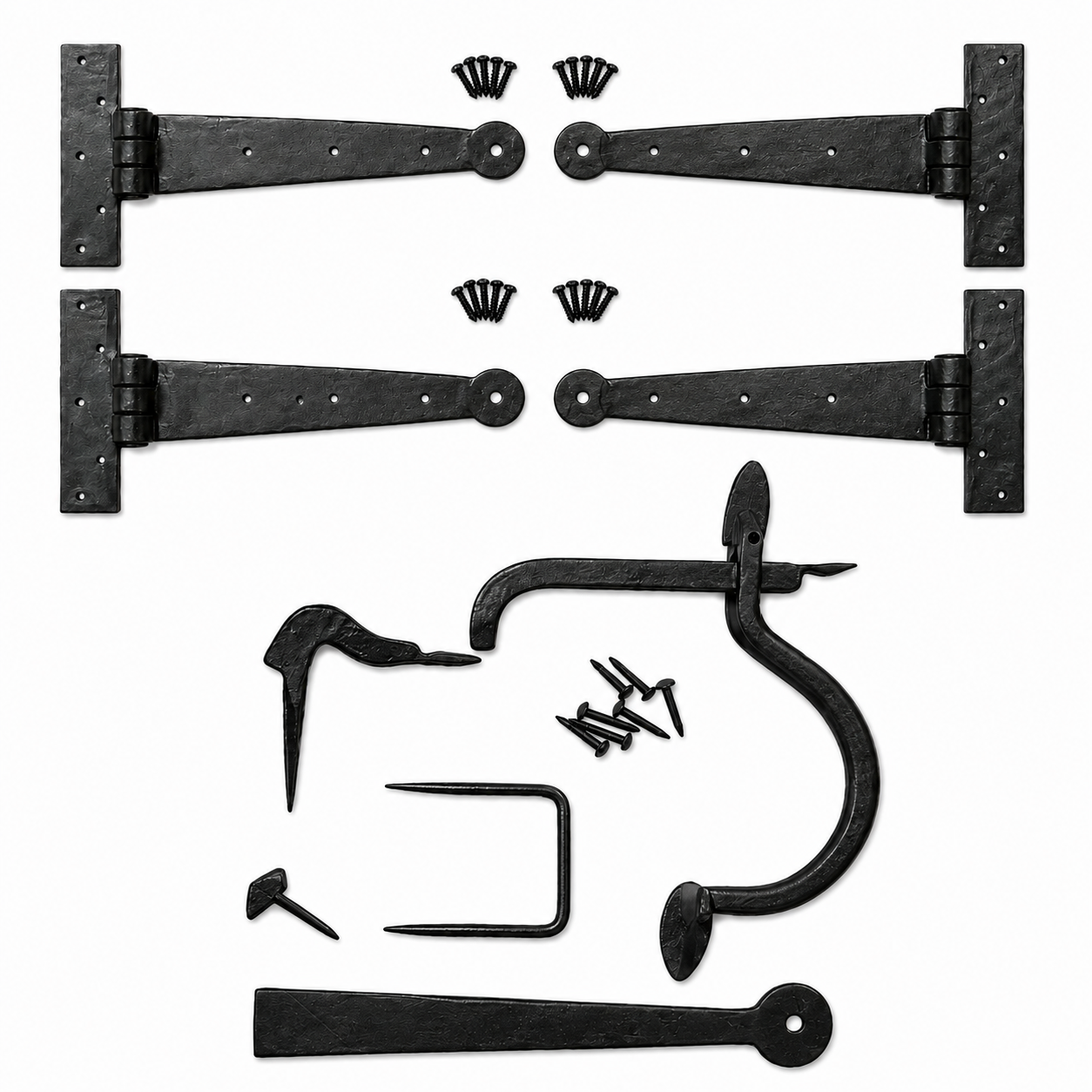 Product Set of black metal hinges and hardware components on a white background