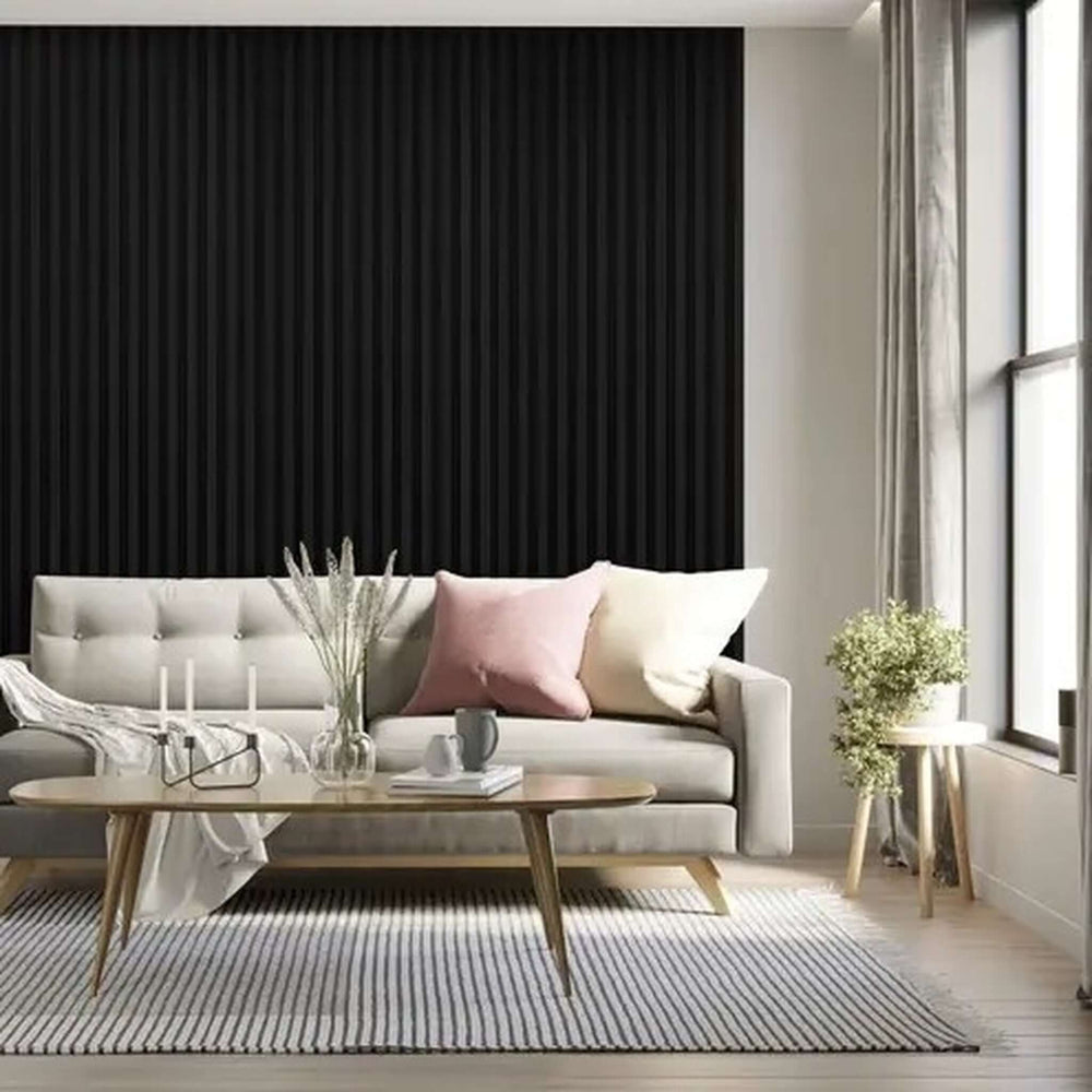 Lifestyle black laminate acoustic wall panel in modern living room
