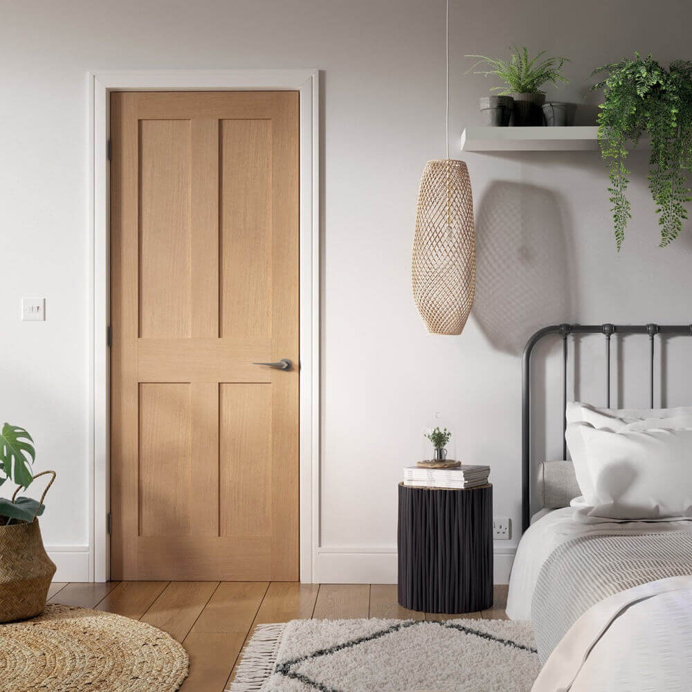 Lifestyle London flat four panel prefinished oak FD30 fire door installed