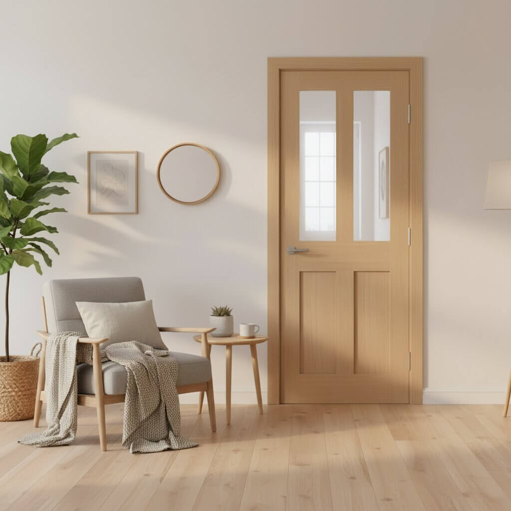 Victorian Style London Flat 4 Panel Prefinished Oak Glazed Internal Door in Lifestyle Setting