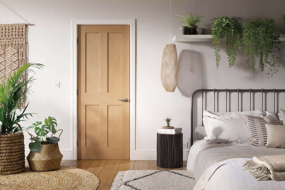 Lifestyle London flat four panel unfinished oak FD30 fire door installed