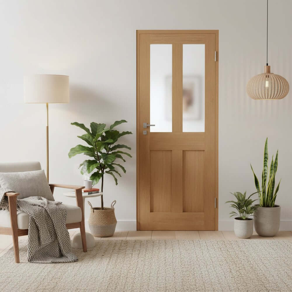 Product London flat four panel unfinished oak glazed internal door