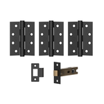 Product Set of black door hinges and a gold deadbolt on a white background