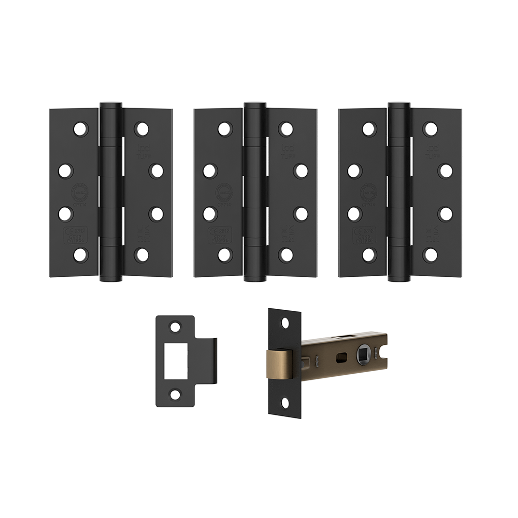 Product Set of black door hinges and a gold deadbolt on a white background